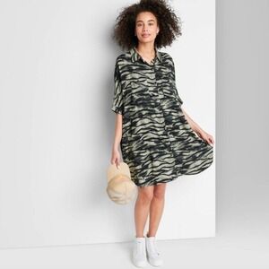 Ascot + Hart Women's Shirt Dress Large Black Gray Zebra Print Button Front